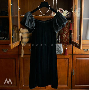 品牌外贸撤柜女装气质名媛缎面，灯笼花苞袖，拼接真丝丝绒小黑连衣裙