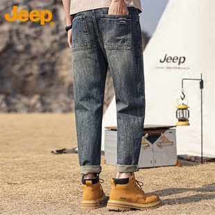 jeep吉普牛仔裤男士夏季潮流纯棉，复古九分裤宽松直筒长裤子男