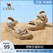 骆驼女鞋2024夏季皮质小香风凉鞋女潮糖果色舒适厚底运动凉鞋