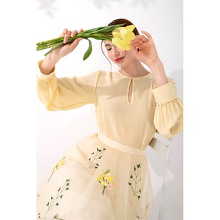 美妃真丝桑蚕丝法式长袖黄色，气质设计感衬衣衬衫上衣2023女