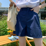 夏季藏蓝色西装短裤，女薄款甜辣a字高腰显瘦工装宝蓝色休闲裤