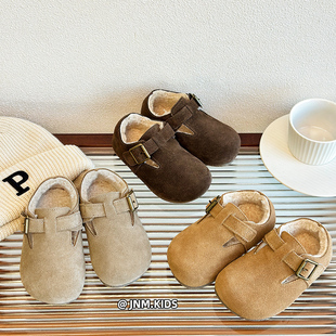 韩版儿童加绒勃肯鞋冬季男女童，二棉鞋磨砂，真皮宝宝保暖豆豆鞋