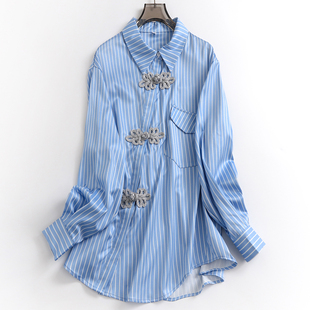 蓝色条纹宽松显瘦中长款翻领新中式，盘扣国风长袖减龄女装衬衫n751