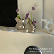 定制北欧个性曲线抽象陶瓷花瓶，摆件创意电镀银色小花瓶器客厅插花