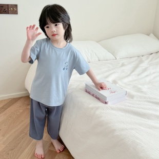 高级慵懒风~韩版儿童居家外出服夏季男童短袖七分裤套装女孩睡衣