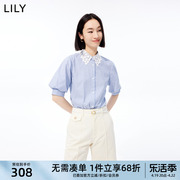 LILY夏女装别致蕾丝领复古条纹灯笼袖显瘦宽松五分袖衬衫