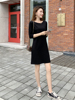 黑色连衣裙女2024春款小个子韩版直筒七分袖打底裙遮肚显瘦小黑裙
