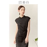shibai拾白新中式竹叶连衣裙，日常改良旗袍年轻款，高端气质黑色长裙