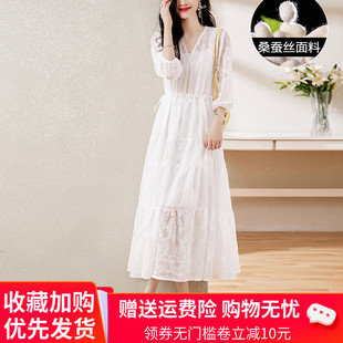 杭州大牌真丝连衣裙女夏季2023年国际时尚短袖蕾丝桑蚕丝裙子