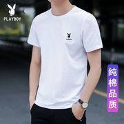 playboy短袖t恤男士，2024夏季纯棉白色体恤，休闲圆领百搭上衣