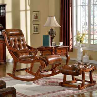 美式真皮摇椅实木休闲椅躺椅家用沙发，老人椅脚踏欧式沙发椅午睡椅