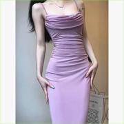 御姐范法式紫色吊带裙女纯欲褶皱显瘦包臀裙气质名媛风长裙连衣裙
