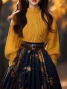 今年流行漂亮新中式国风套装女装2024春秋季黄色高领毛衣裙子