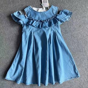 超美儿童女童柜款夏季薄款柔软露肩，洋气短袖牛仔蓝连衣裙裙子