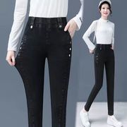 黑色牛仔裤女2021年秋冬季高腰，直筒小脚哈伦裤弹力铅笔长裤子