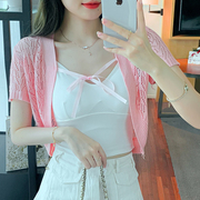 粉色镂空针织衫上衣女夏季薄款法式温柔风短款小外套短袖防晒开衫