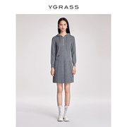 vgrass灰色羊毛，针织连帽连衣裙，女春抽绳设计vzl5o10830