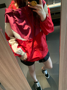 韩国2024春秋季单层薄款拼暗红色冲锋衣宽松开衫防晒外套