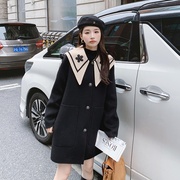 娃娃领黑色毛呢外套，女2022年冬季韩版宽松学院，风加厚呢子大衣