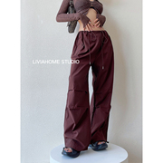 liviahome 美式复古辣妹低腰抽绳工装裤女秋季宽松阔腿裤运动长裤