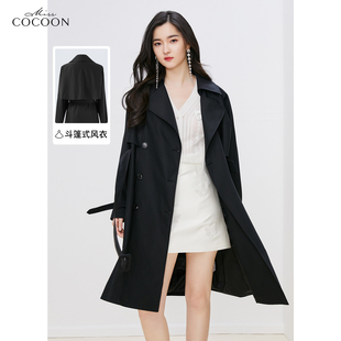 MISSCOCOON高级黑色风衣外套女2024春季英伦风时尚中长款大衣