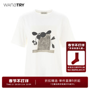 wana try 100％棉早春休闲圆领短袖白色印花抽象艺术感短袖T恤