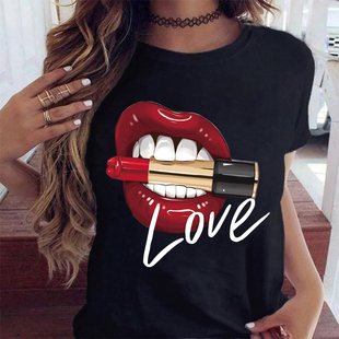 Black Kiss Lip Tshirt 超火欧美风红唇口红夏季T恤女黑色短袖衫