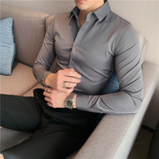 高级感黑色长袖衬衫男弹力内搭寸衫韩版修身商务灰色加绒打底衬衣