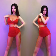 酒吧GOGO演出服DS现代舞性感DJ爵士舞女团红色亮钻裙舞台服装
