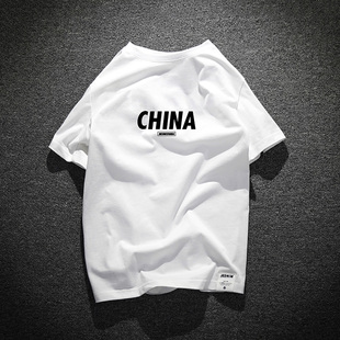 中国国潮牌字母宽松短袖，t恤纯色男纯棉半袖，体恤圆领夏季复古原创