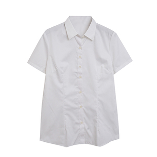 外贸夏季100%棉白色短袖衬衫女士收腰显瘦搭配西服衬衣外穿上衣棉