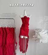 香香family澳洲野玫瑰重工，拖尾透透修身性感，红色雪纺连衣裙