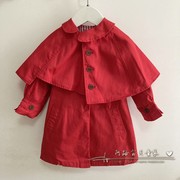 20秋韩国童装，阿路女童宝宝大红收腰系带，中长风衣外套披肩可拆