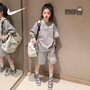 耐克顿女童短袖套装2024运动两件套中大童洋气韩版休闲夏装潮