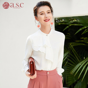 艾尚臣职业衬衫女白色长袖，时尚韩版衬衣设计感小众荷叶领打底上衣