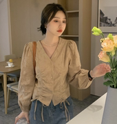 2024春装大码女装韩版修身设计感V领抽绳长袖衬衣M-4XL200斤