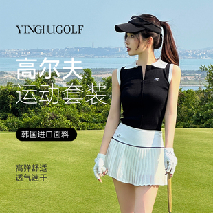 韩国高尔夫球服女套装网球，百褶短裙golf运动polo羽毛球衫无袖上衣