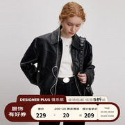 designerplus美式复古pu黑色，皮衣女小个子，拉链短款机车夹克外套