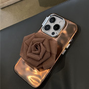ins复古美拉德焦糖棕玫瑰花支架适用15promax苹果iPhone14手机壳1312轻奢风保护套11个性高级感14pm潮女