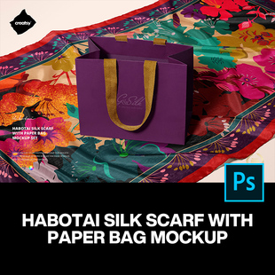 5款丝绸真丝围巾丝巾，面料手提袋购物纸袋，ps样机素材展示效果图