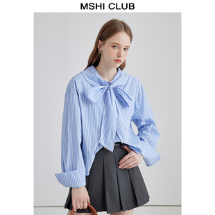 MSHI CLUB法式长袖衬衫女2023秋季设计感小众大蝴蝶结短上衣