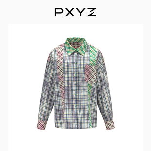 pxyz24ss设计感糖果色淡绿复古格纹拼接衬衫休闲外搭衬衣
