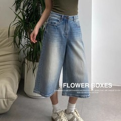 花匣子牛仔裤2202小个子夏款做旧宽松八分阔腿裤flower奶奶裤女