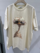 欧洲站2024夏季圆领鸵鸟，立体花朵钉珠，亮片设计宽松大版t恤女