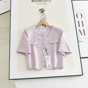 伊系の2023夏季时尚气质，v领小香风爱心单排扣浅紫色，短袖外套女