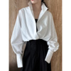 韩国春装蝙蝠袖气质大版通勤衬衣廓形立领深V领白衬衫女