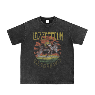 LedZeppelin直喷做旧齐柏林飞艇乐队复古灰美式街头摇滚长短袖T恤