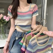 韩国彩虹条纹方领短袖t恤女正肩夏季2024年冰丝针织短款上衣