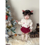 韩系春装婴童绣花荷叶领毛衣女童宝宝百搭刺绣香菇针织开衫外套