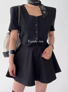 韩国东大门24夏 时尚显瘦休闲纯色短袖单排扣系带衬衫外套女